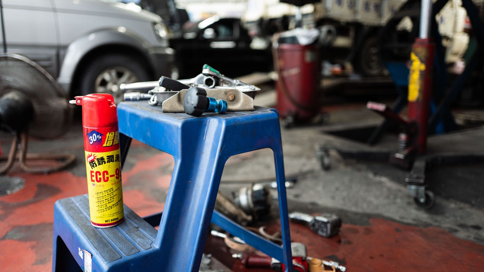 Automotive parts and tools ready in a repair shop