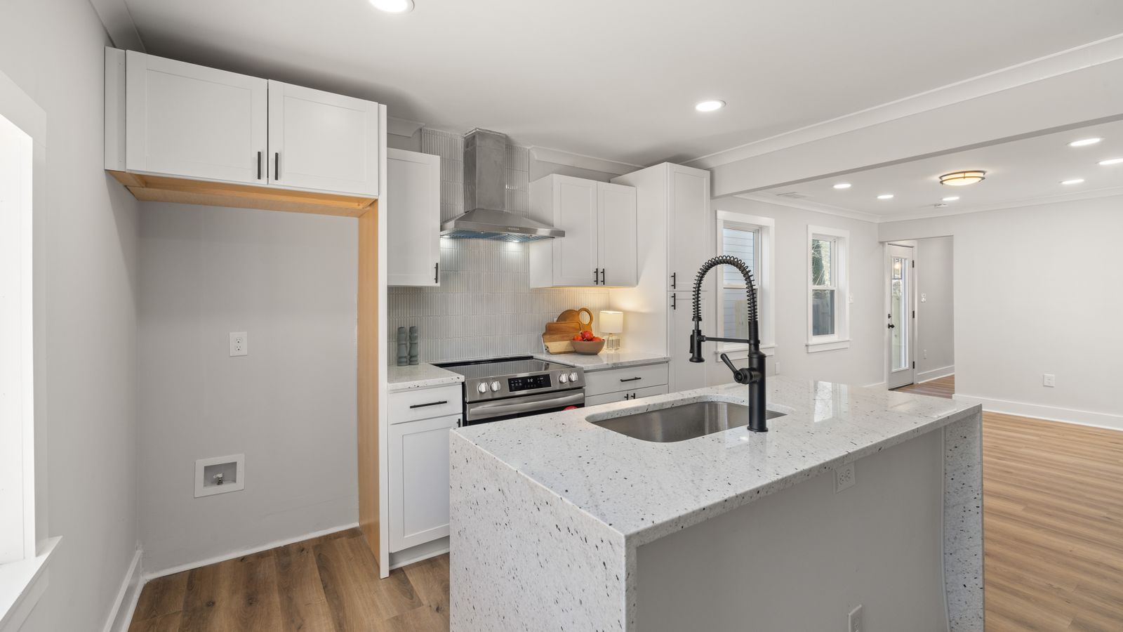 Modern kitchen countertop and faucet installation area