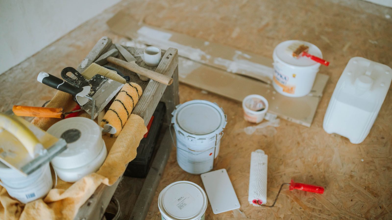Overhead view of home repair tools and supplies